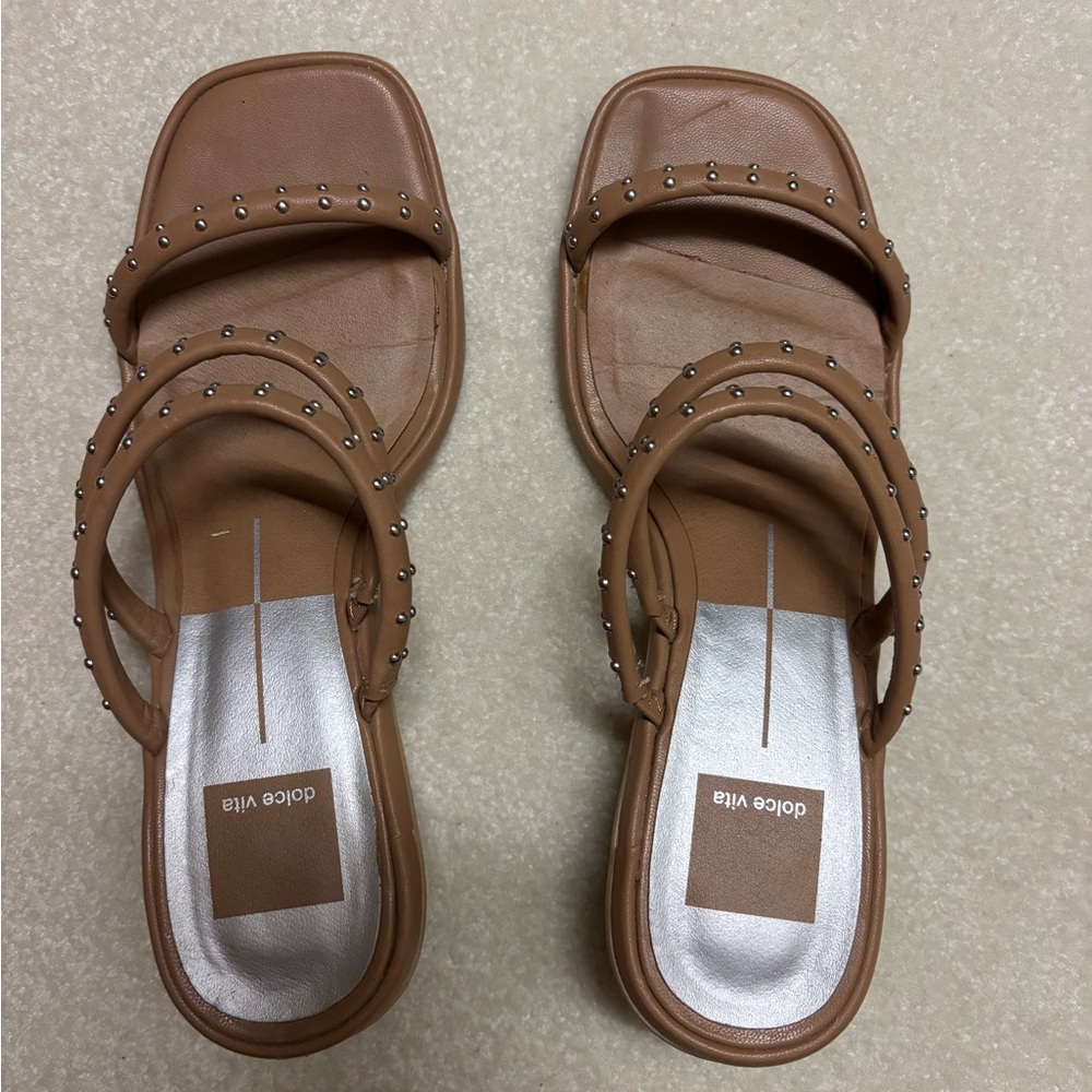 Dolce Vita Brown Double-Strap Studded Slide Sandals